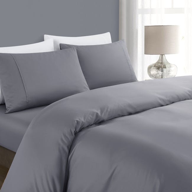 Pima Cotton Full Bedding Set - Lavendar (4 Sizes) - 2 - Grey bedding, neatly arranged pillows, soft lighting, modern bedside