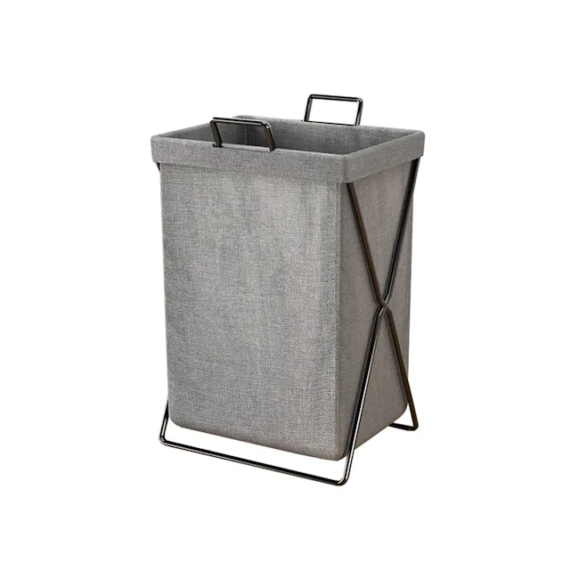 Nikki Laundry Basket - Grey - 1 - Gray fabric laundry basket with black metal frame, sturdy design, compact storage