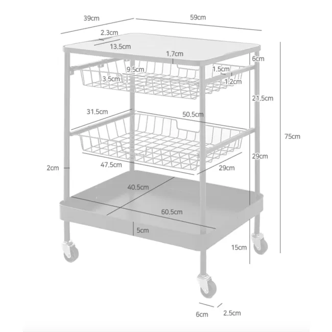 Moblac 3 Tier Trolley - Black - 10 - Adjustable-height kitchen cart with multiple storage compartments, Stainless steel