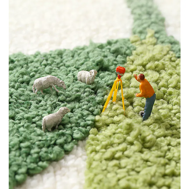 Botanical Floor Mat - Ovate - 6 - Small sheep on green and white textured surface, small tripod with red top, small orange