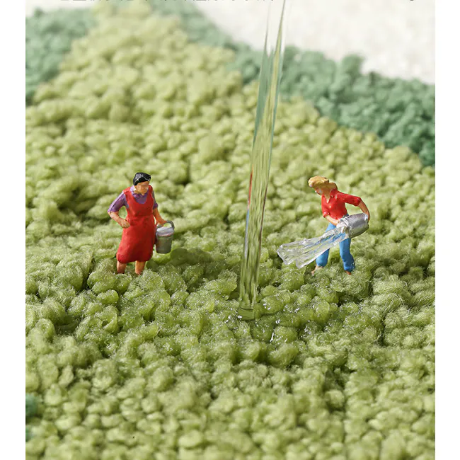 Botanical Floor Mat - Bloom - 6 - Miniature figures, rural setting, green foliage, water droplets, clear liquid, pouring