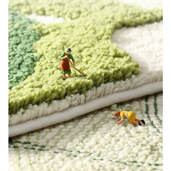 Botanical Floor Mat - Bloom - 9 - Miniature doll, farmer, working, shoveling, green and white blanket, crocheted design
