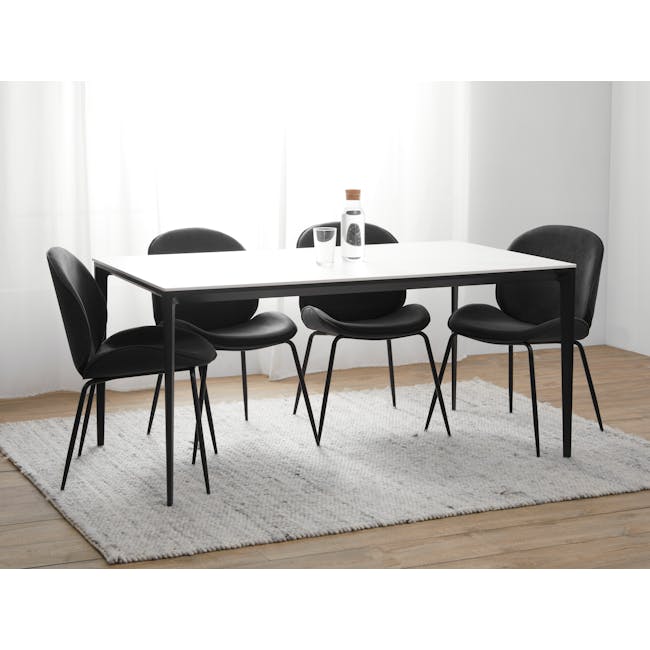 Edna Dining Table 1.6m in Marble White (Sintered Stone) with 4 Rayner Dining Armchairs in Midnight Blue and Black - 1