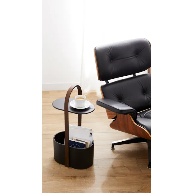 Bellwood Side Table with Storage - Black, Walnut - 2 - modern leather armchair, black leather chair, wooden armrest, coffee