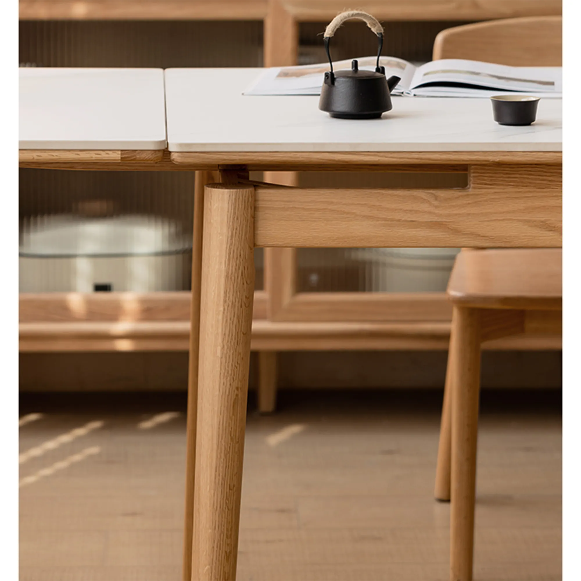 Fidela Extendable Dining Table 1.25-1.95m (Sintered Stone) - 11 - Wooden table, minimalist design, natural wood finish, open