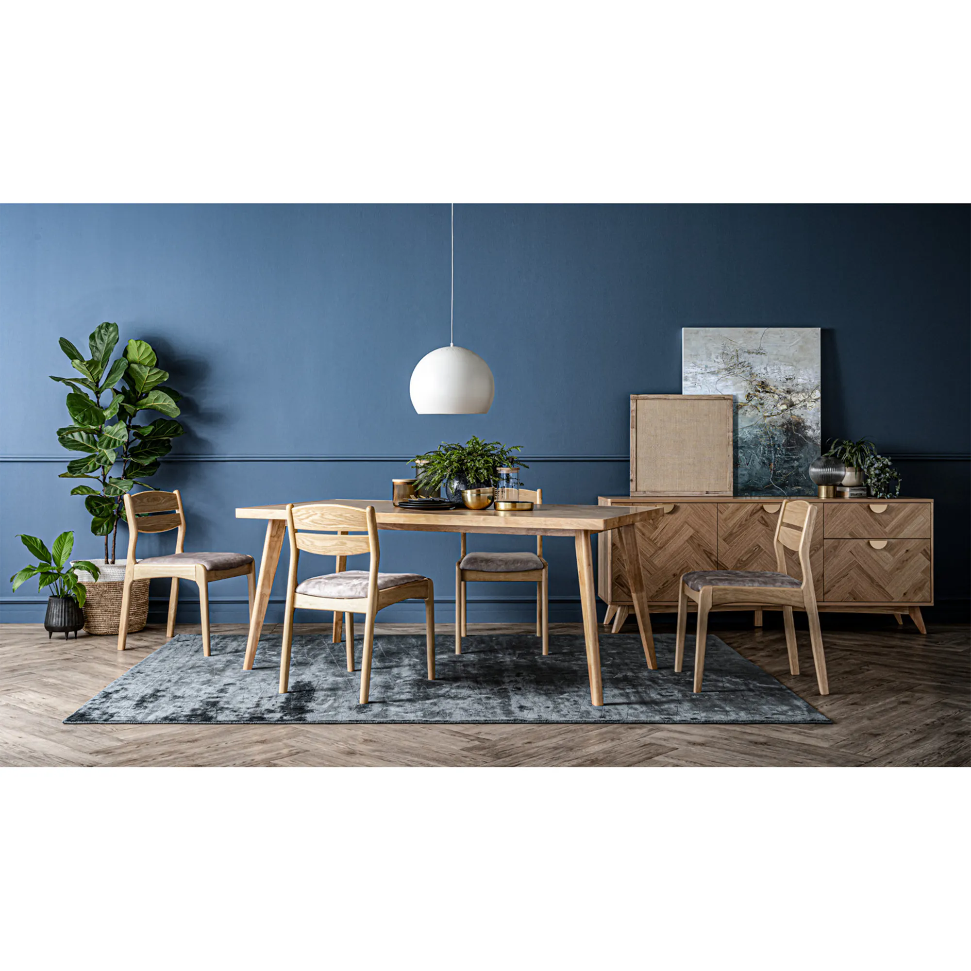 Lowell Dining Table 1.5m - 15 - modern dining room, contemporary furniture, wooden dining table, gray rug, blue wall