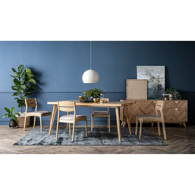 Lowell Dining Table 1.8m - 3 - modern dining room, contemporary furniture, wooden dining table, gray rug, blue wall