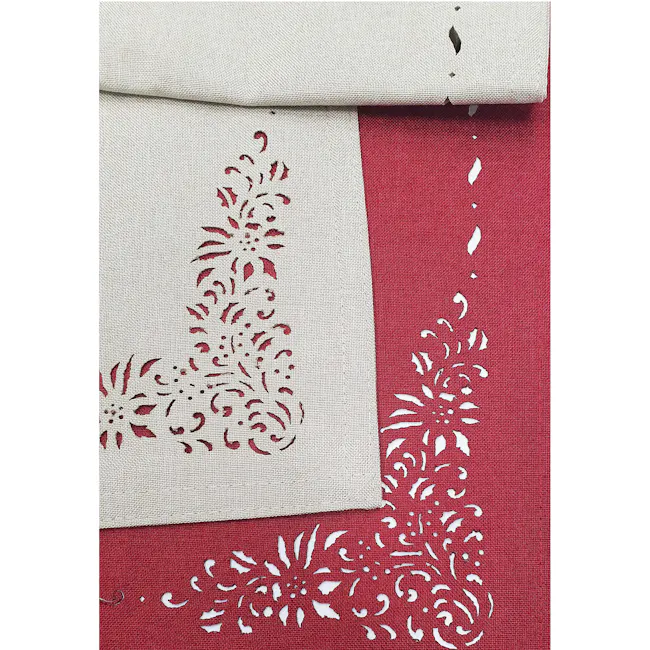 RAPEE Jardin Table Runner - Stone - 4 - Burlap fabric, red and beige panels, intricate cut-out patterns, floral designs