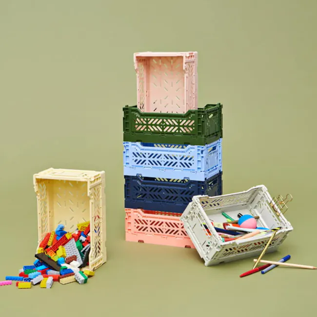 Aykasa Foldable Minibox - Gold - 5 - stack of colorful plastic crates, toy building blocks, scattered LEGO pieces, wooden