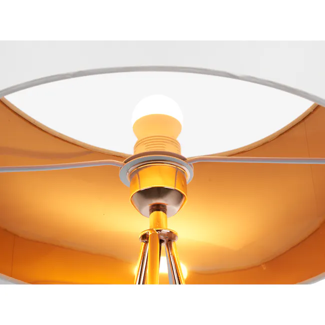 Zoey Table Lamp - Brass - 4 - Golden ceiling fan blades, warm orange glow, modern design, sleek structure, metallic accents