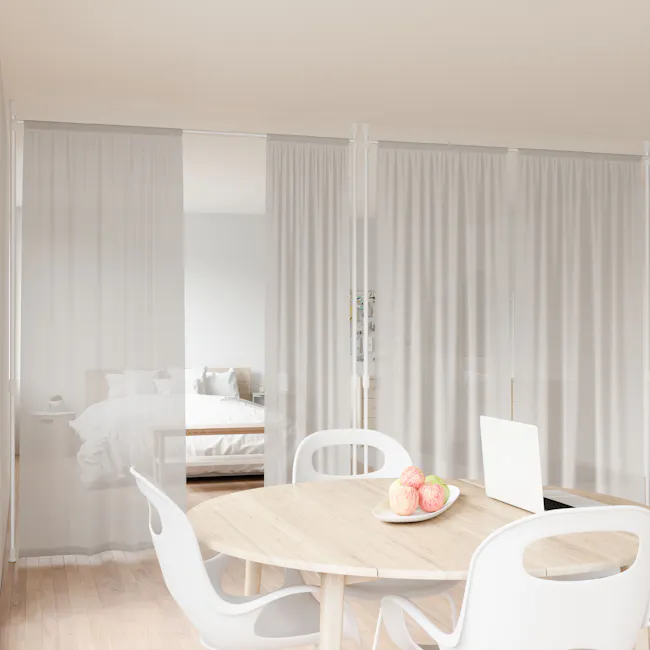 Anywhere Curtain Rod - Nickel - 13 - Minimalist bedroom with white curtains, modern furniture, wooden table with fruit