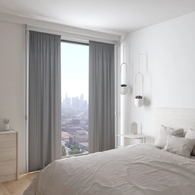 Anywhere Curtain Rod - Nickel - 14 - Modern minimalist bedroom, large window with gray curtains, cityscape view