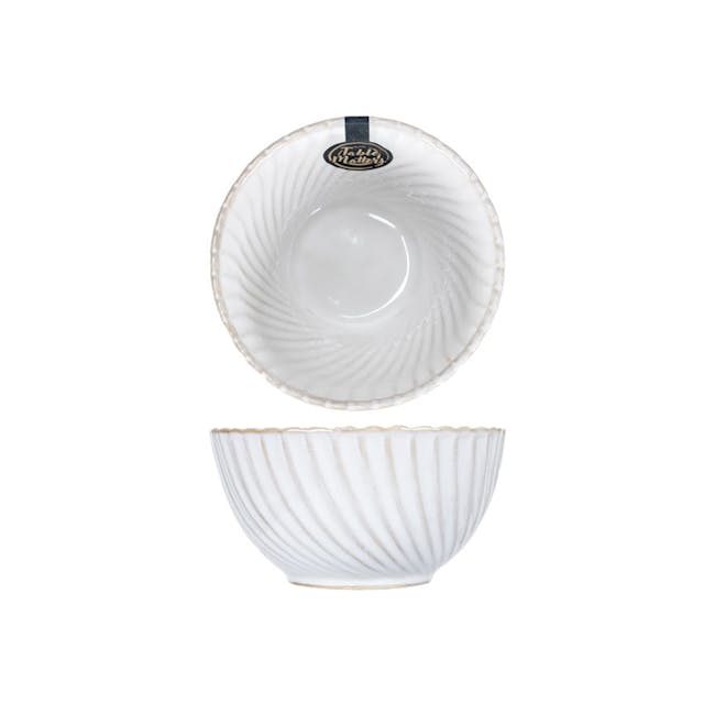 Table Matters Mary Potter 4.5 inch Rice Bowl - 1 - White ceramic bowl with decorative ridges, oval shape, elegant design