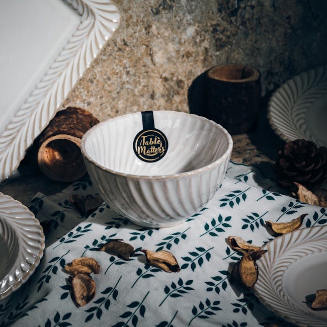 Table Matters Mary Potter 4.5 inch Rice Bowl - 3 - Table, ceramic, bowl, rustic, textured, white, striped, elegant