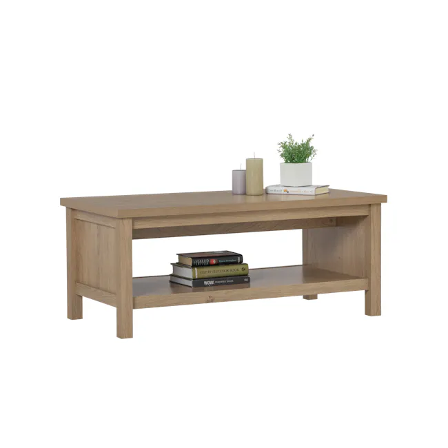 Rhodes Coffee Table - 2 - Wooden side table, minimalist design, light brown finish, open shelving, two shelves, books