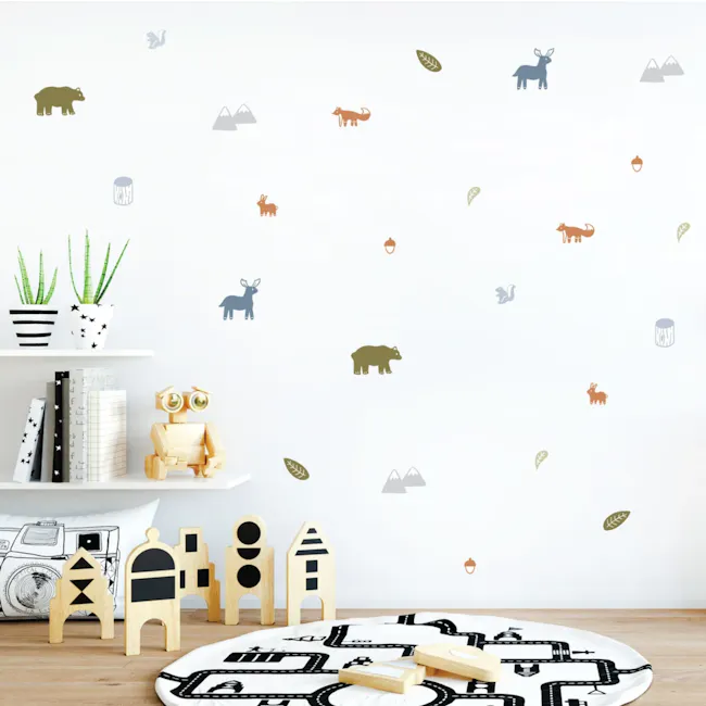 Urban Li'l Woodland Animals Fabric Decal - Natural - 1 - Wooden animal toys, nature-themed wallpaper, playful decor