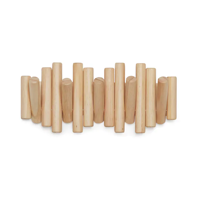 Picket 5 Wall Hook - Natural - 12 - Wooden cylindrical objects, light beige color, arranged in a row, wooden texture, smooth