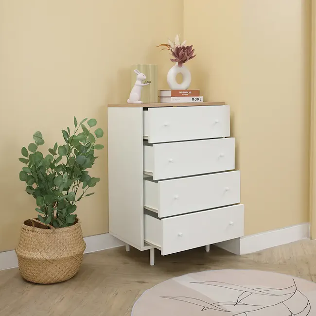 Madeline Modular 4 Drawer Chest 0.6m - 5 - White dresser with multiple drawers, beige wall, green potted plant, white rabbit
