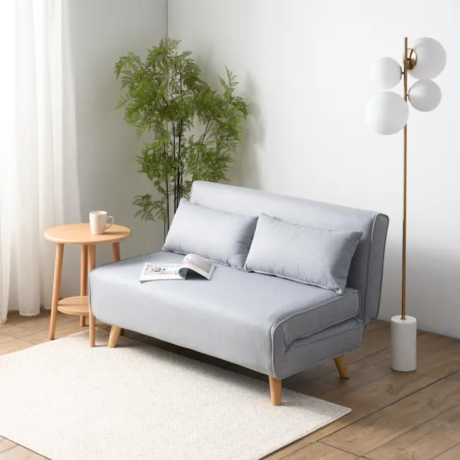 Noel 2 Seater Sofa Bed - Harbour Grey - 3 - Modern minimalist living room, cozy sofa, light gray fabric, wooden legs, white