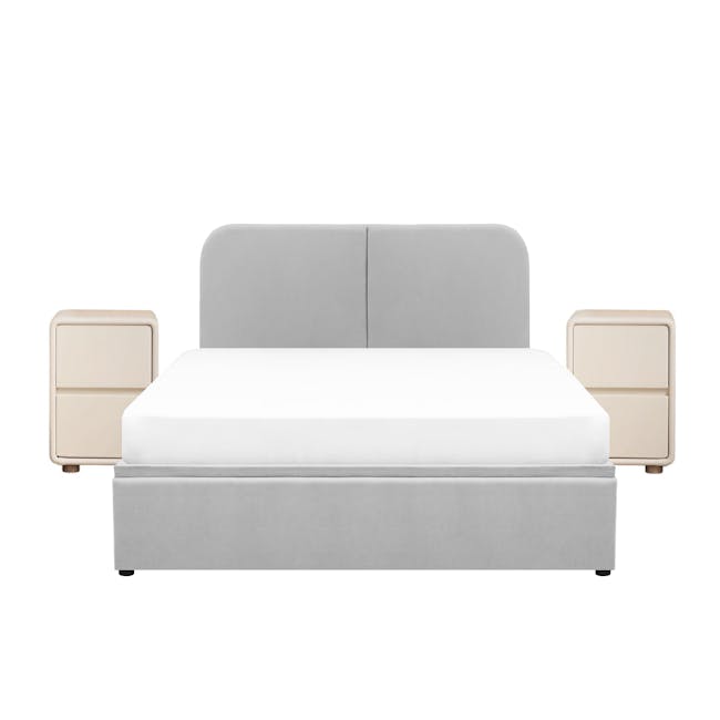 Nolan King Storage Bed in Silver Fox with 2 Asher Narrow Bedside Table - 1 - Modern minimalist bed with gray upholstered