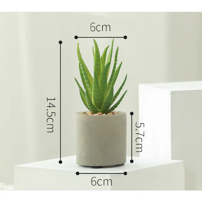 Faux Aloe Vera in Concrete Planter - 5 - succulent green aloe vera plant, 6 cm height, 5 cm overall, 7 cm stem length, 6 cm