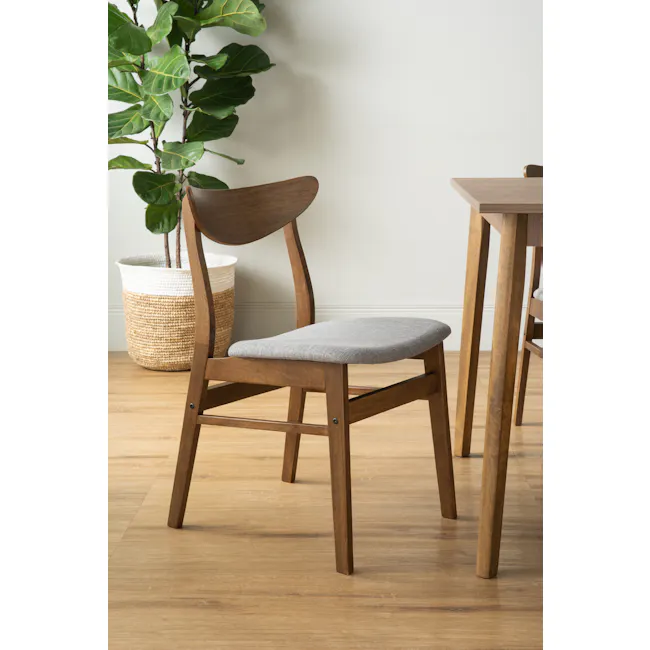 Macy Dining Chair - Cocoa, Grey (Fabric) - 2 - Wooden chair with gray cushion, wooden table, wooden floor, wooden plant pot