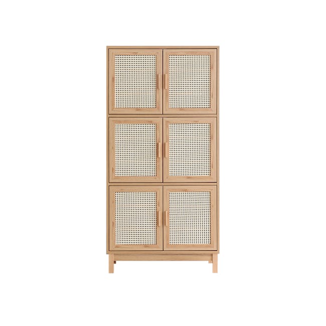 Belig 6 Door Rattan Tall Cabinet 0.9m - 1 - Wooden cabinet with perforated glass doors, six-panel design, light wood finish
