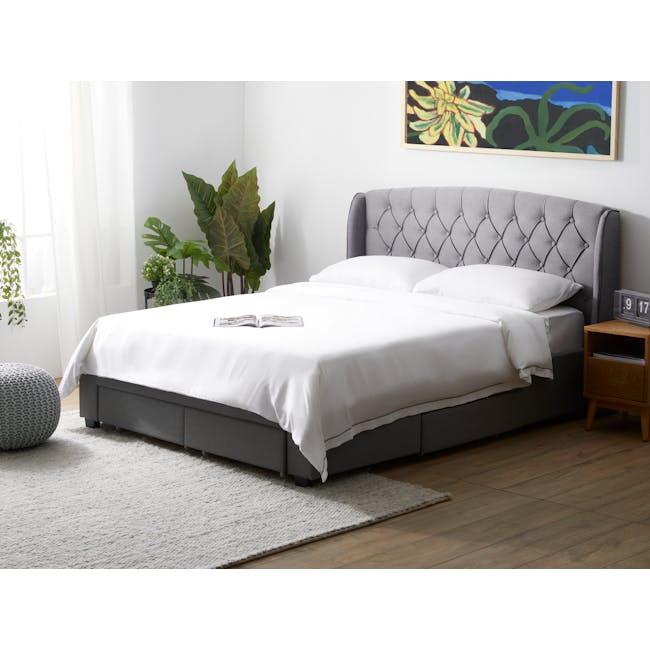 Madeline 4 Drawer Queen Bed in Shadow Grey (Fabric) with 2 Charlotte Drawer Side Tables - 1
