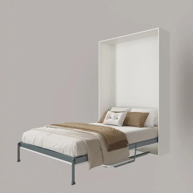 Llyod Single Vertical Wall Bed with Desk - White - 22 - Modern minimalist bed frame, white and gray color scheme, clean