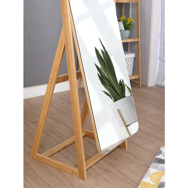 Lorin Standing Mirror 42 x 172 cm - Natural - 3 - Wooden easel, mirror, plant, green leaves, indoor setting, modern decor