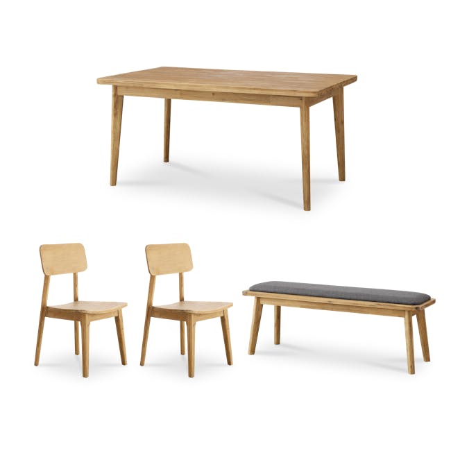 Todd Dining Table 1.6m with Todd Cushioned Bench 1.3m and 2 Todd Dining Chairs - 0