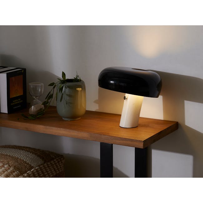 Sasha Marble Table Lamp - Black - 2 - modern minimalist decor, cozy reading nook, wooden shelf, black and white book