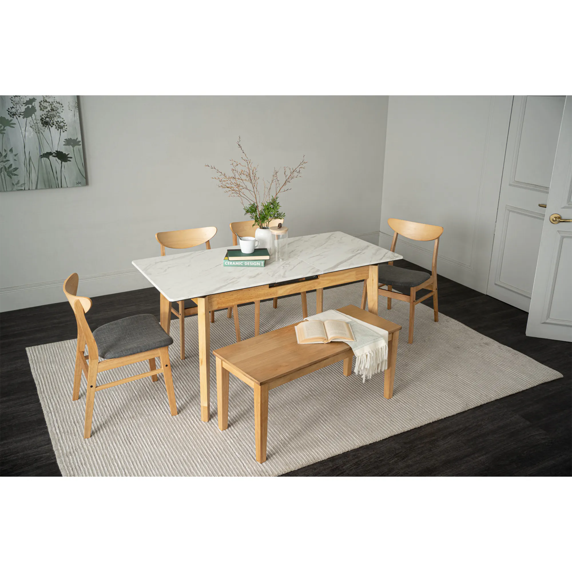 Harold Extendable Dining Table 1.2m-1.5m with 4 Macy Chairs in Natural, Dim Grey - 58