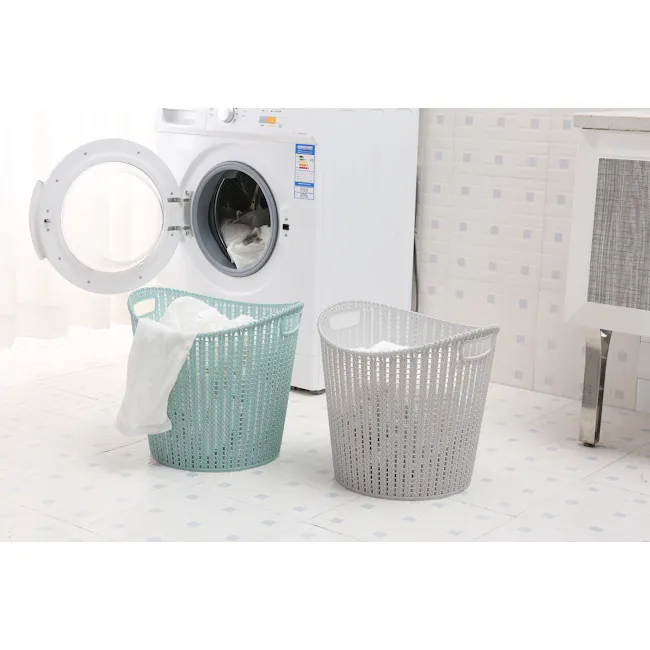 Alice Laundry Basket - Grey - 5 - White washing machine with open door, teal laundry basket with white towel, white laundry