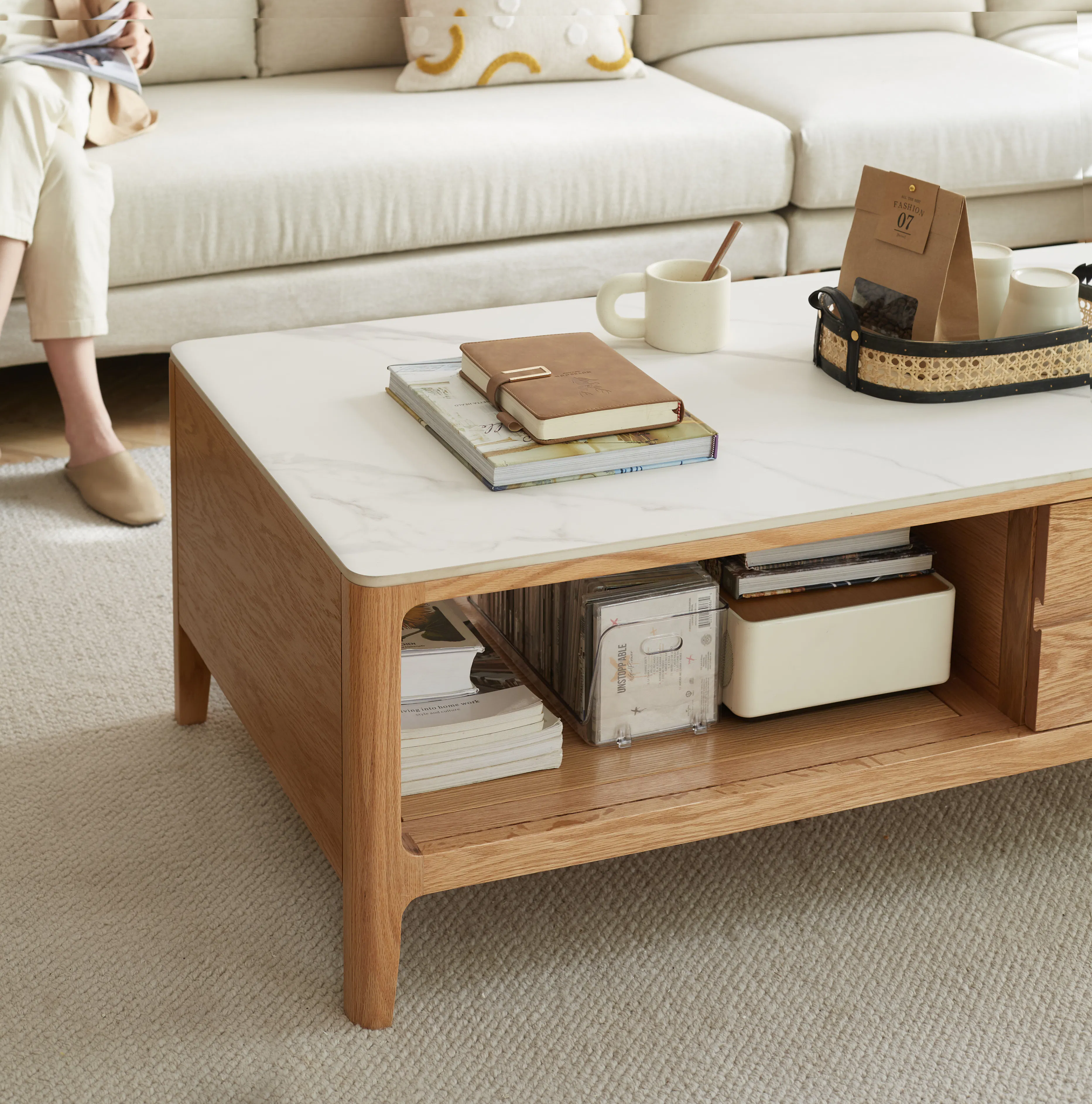Devin Coffee Table 1m (Sintered Stone) - 15 - Light beige sofa, cozy living room, modern decor, white coffee table, brown