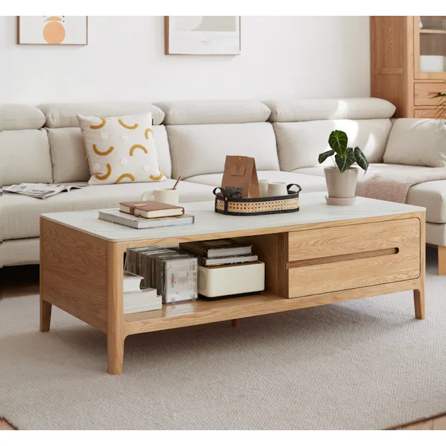 Devin Coffee Table 1m (Sintered Stone) - 3 - Light beige sofa, wooden coffee table, potted plant, white cushions, magazine