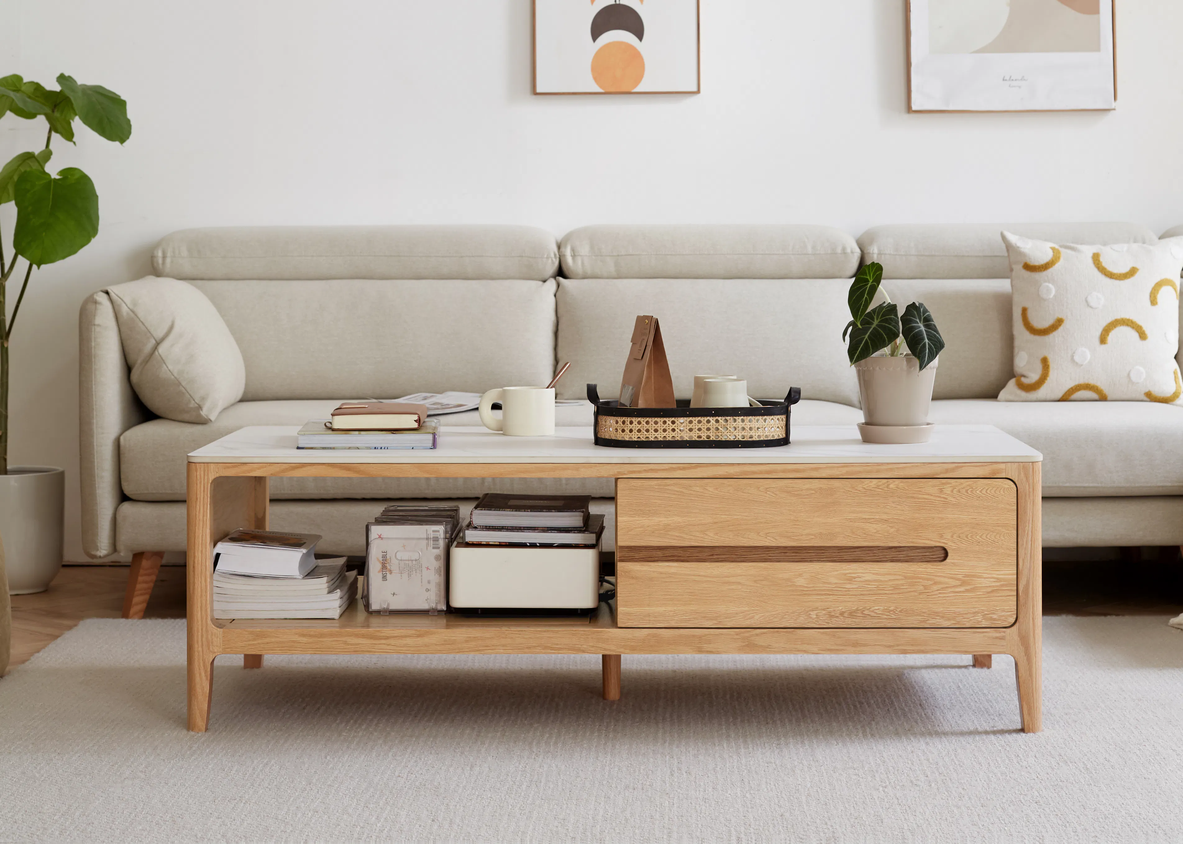 Devin Coffee Table 1m (Sintered Stone) - 18 - Light beige sofa, minimalist decor, modern art, white marble coffee table