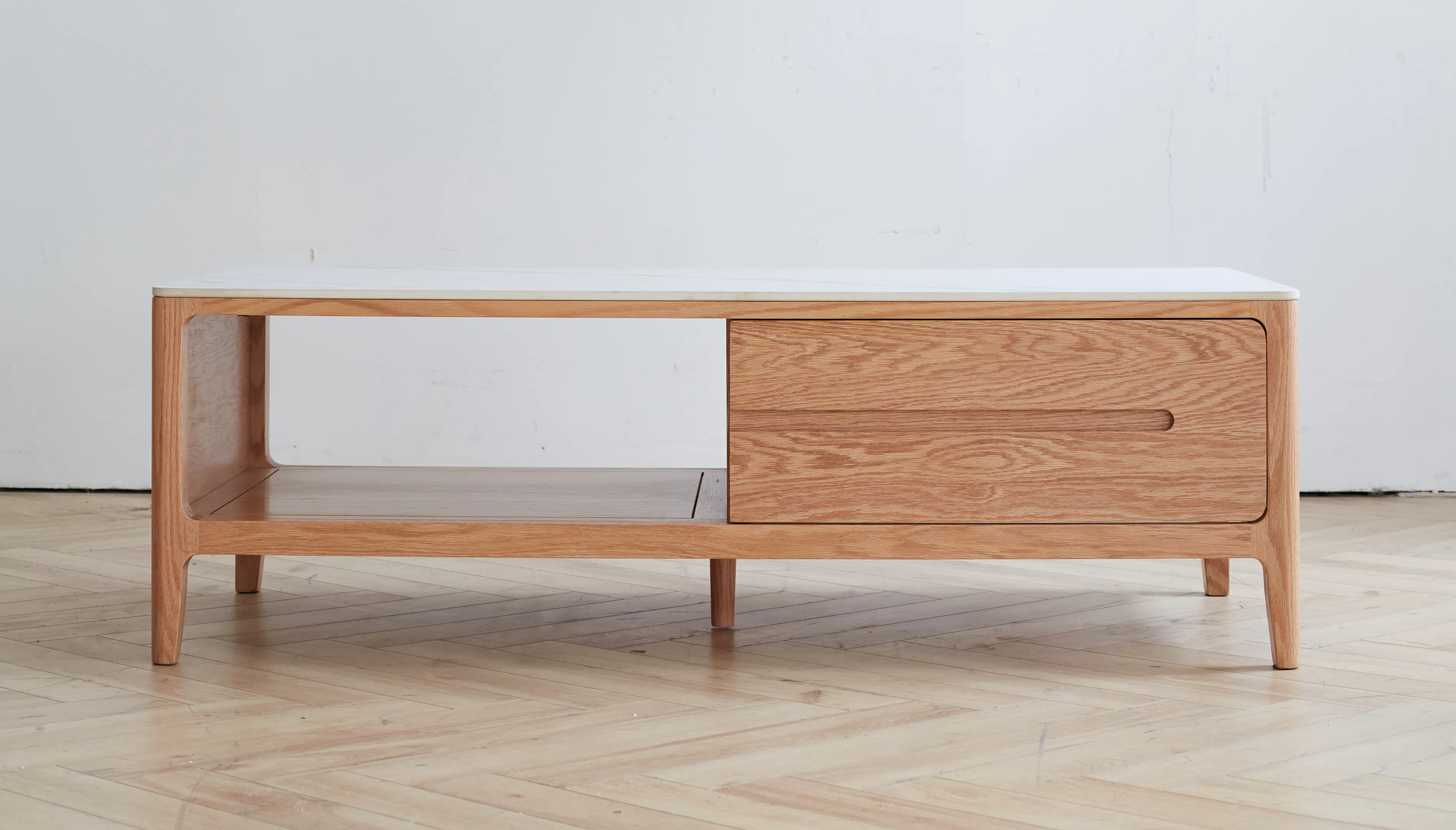 Devin Coffee Table 1m (Sintered Stone) - 10 - Wooden side table with white top, minimalist design, light brown wood finish