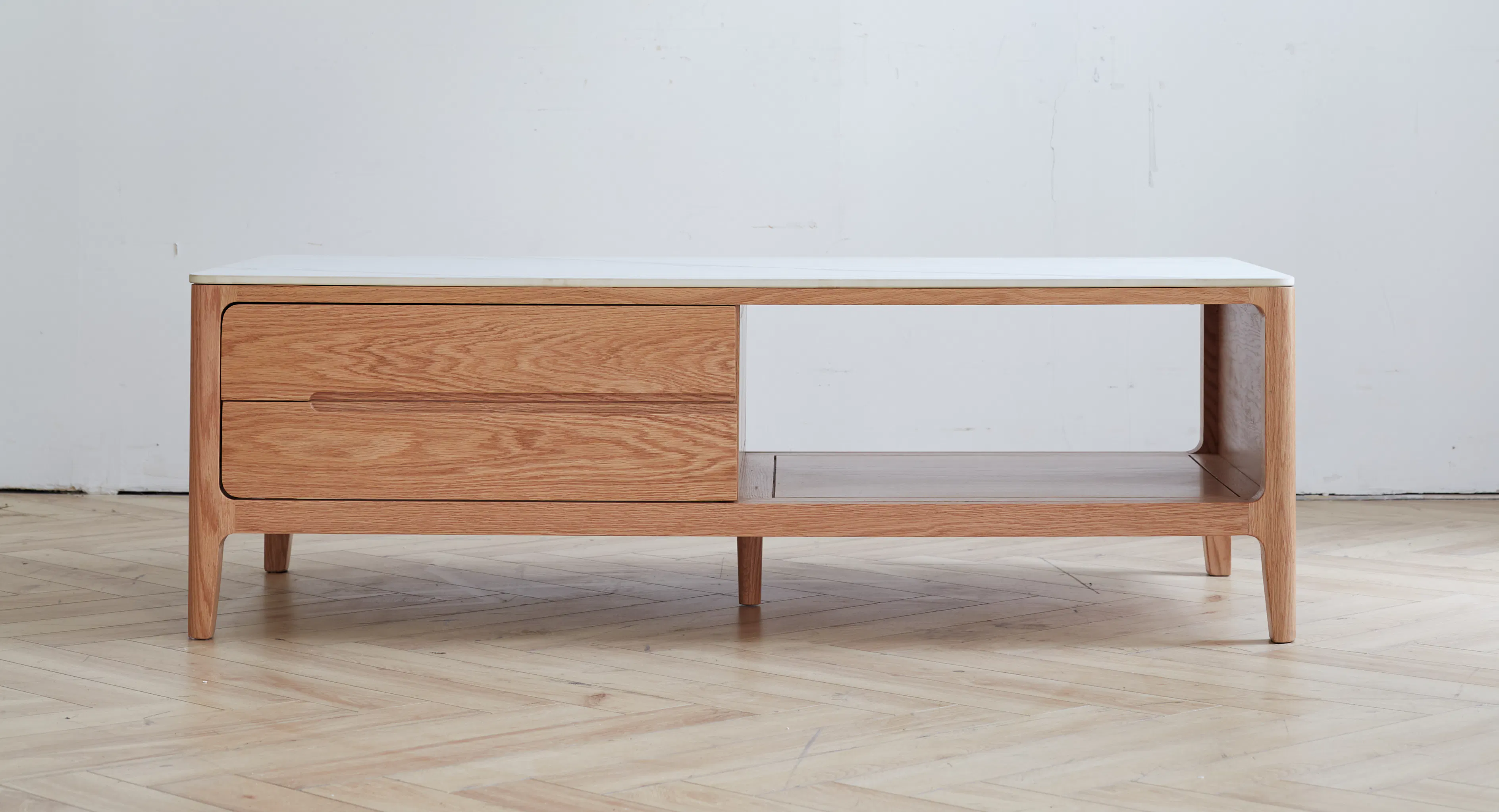 Devin Coffee Table 1m (Sintered Stone) - 9 - Wooden side table with white marble top, minimalist design, light wooden legs