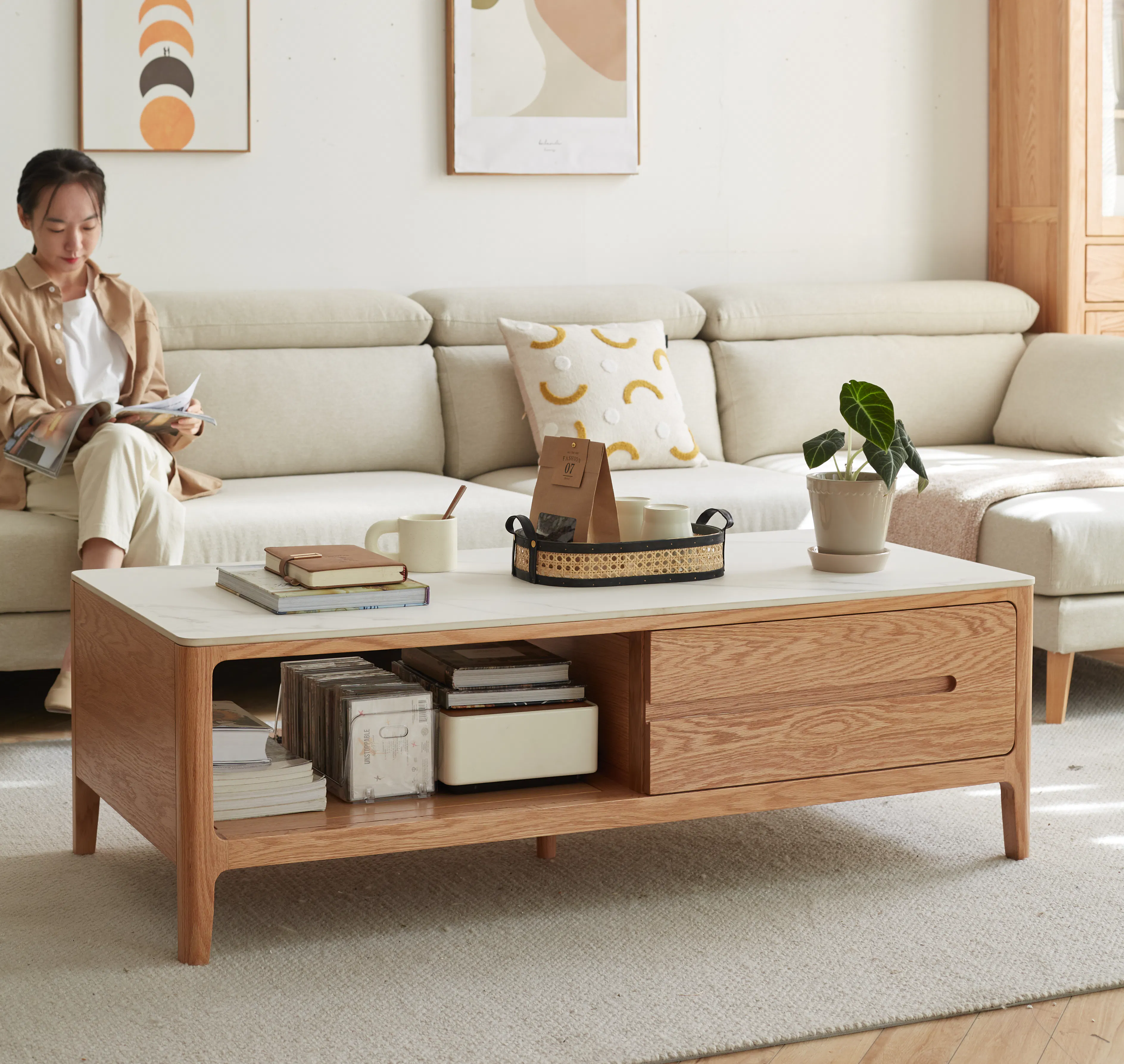 Devin Coffee Table 1m (Sintered Stone) - 16 - Light beige sofa, modern decor, wooden coffee table, stack of books, brown