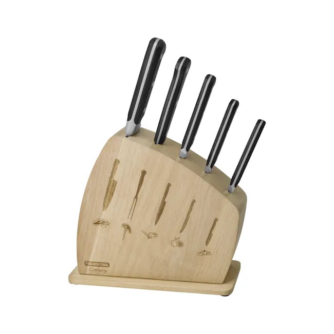 Tramontina Century 6Pcs Knife Block Set - 3 - Wooden knife block, five knives, engraved designs, black and silver handles