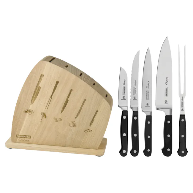 Tramontina Century 6Pcs Knife Block Set - 1 - Wooden cutting board with engraved knife handles, set of four knives, brand