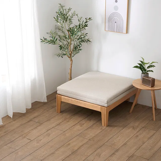 Mariel Lounge Sofa Bed - Chestnut - 2 - Minimalist living space, modern furniture, wooden floor, light-colored cushions