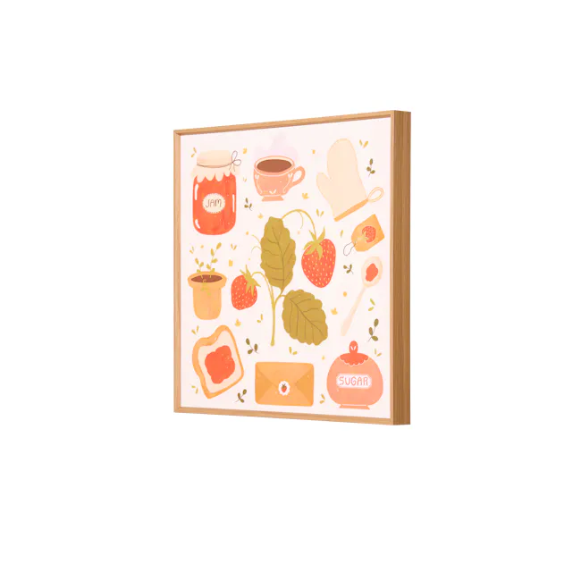 Sweet Breakfast Ritual Framed Canvas 40 x 40 cm - 4 - Jams, honey, strawberries, leaves, wooden frame, pastel colors
