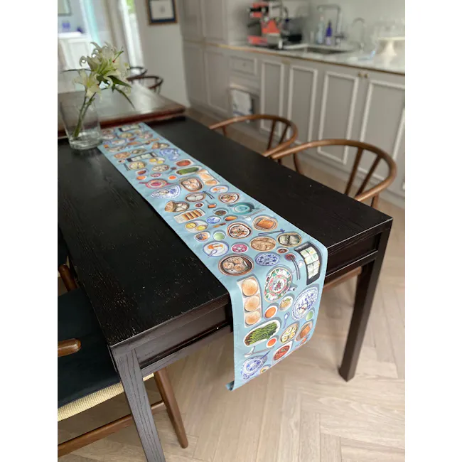 Singlapa Chinese Dim Sum Table Runner - 6 - Tablecloth, kitchen table, dining room, wooden chairs, blue tablecloth, colorful