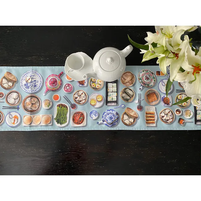Singlapa Chinese Dim Sum Table Runner - 4 - Tea set, traditional Chinese tea ceremony, elegant table setting, assorted