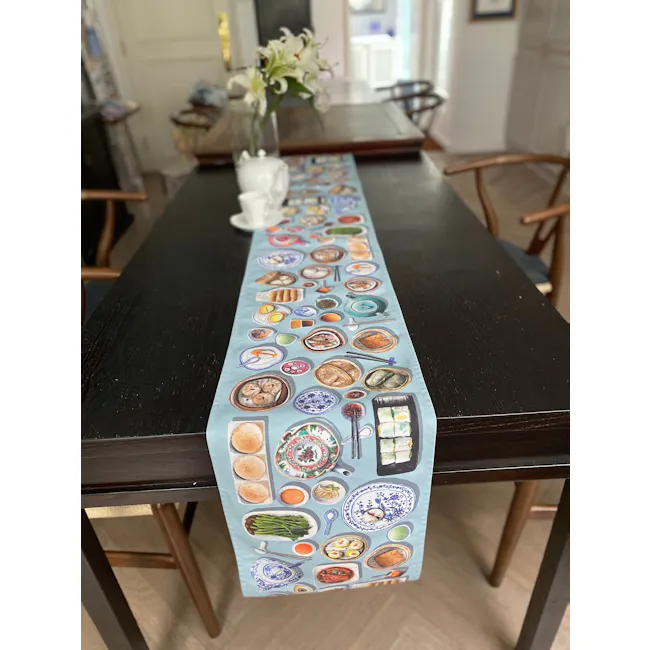 Singlapa Chinese Dim Sum Table Runner - 5 - Tablecloth, dining table, colorful placemat, Asian cuisine, food items, plates