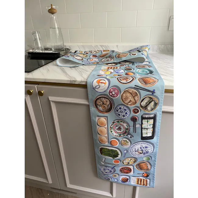 Singlapa Chinese Dim Sum Table Runner - 3 - marble countertop, kitchen backsplash, white tiles, modern kitchen, white
