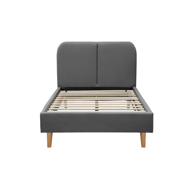 Nolan Super Single Bed - Hailstorm - 3 - Grey upholstered bed with wooden slats, minimalist design, modern aesthetic, clean