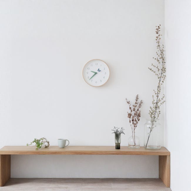 Perch Clock - Tento - 3 - White wall, minimalist decor, wooden table, modern art, abstract design, natural elements
